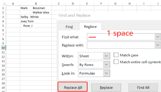 Remove Space Before Text in Excel by Find and Replace